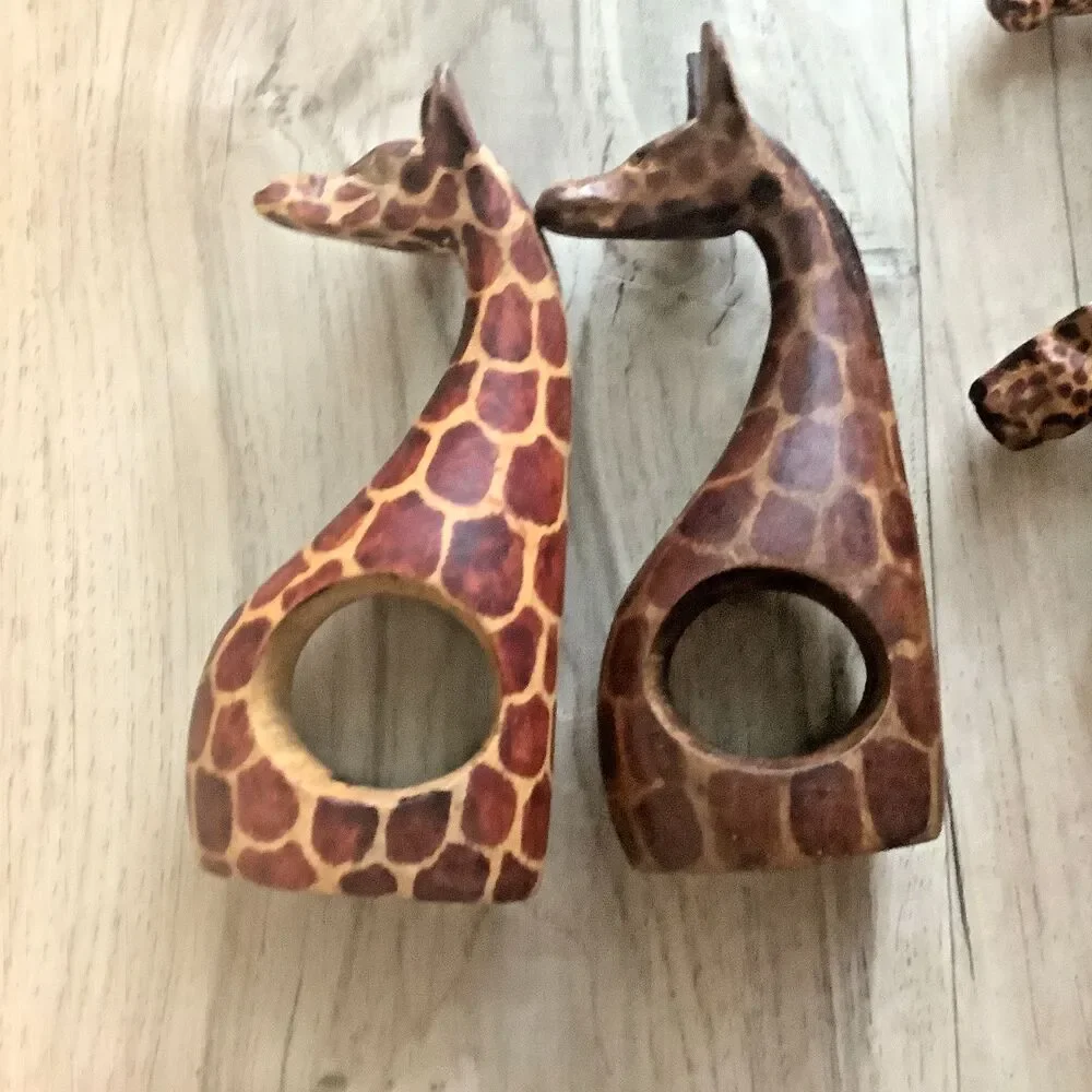 Vintage Napkin Rings Wood Hand Carved African Safari Animals Boho Decor Set of 8